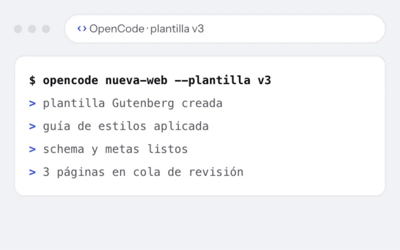 Editor de código generando la plantilla v3 de Gutenberg con OpenCode