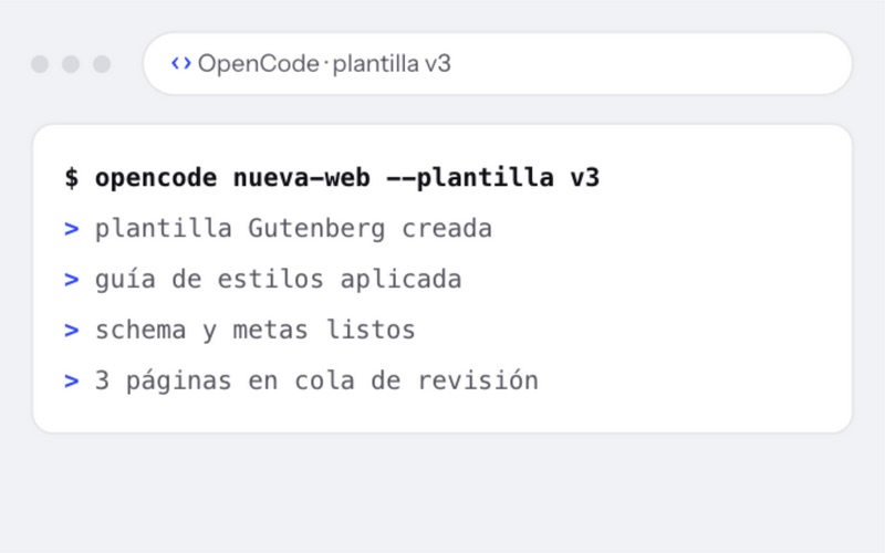 Editor de código generando la plantilla v3 de Gutenberg con OpenCode